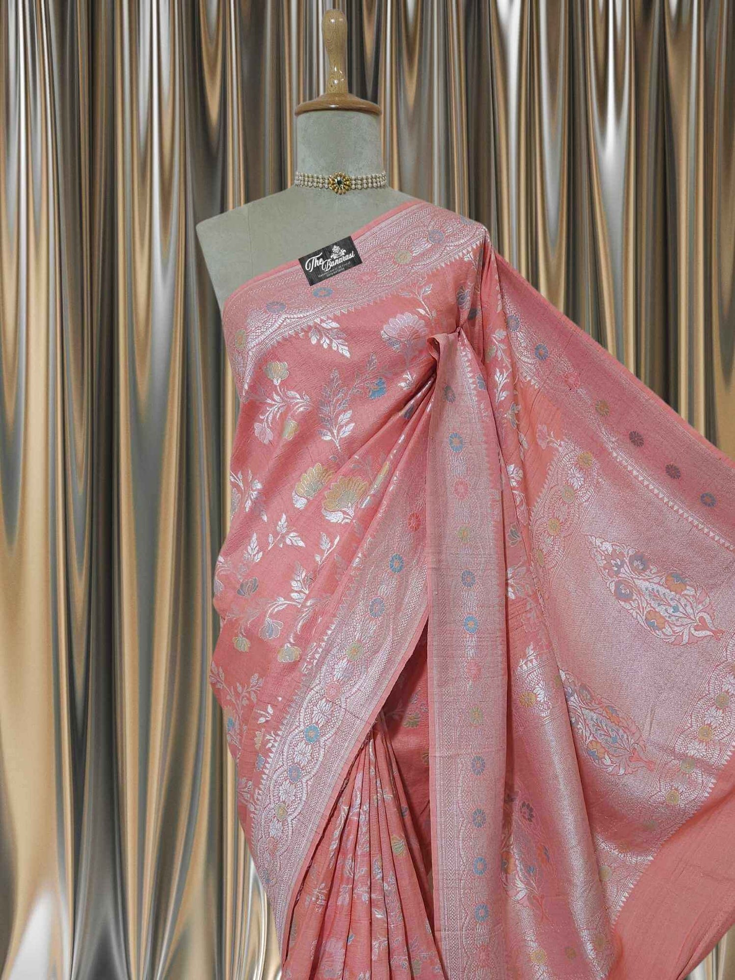 Coral Orange Pure Tussar Georgette Meenakari Design Banarasi Handloom Saree