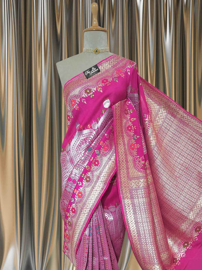 Purple Color Pure Tussar Georgette Meenakari Design Banarasi Handloom Saree