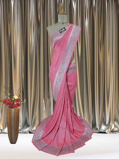 Rose Pink Pure Tussar Georgette Meenakari Design Banarasi Handloom Saree