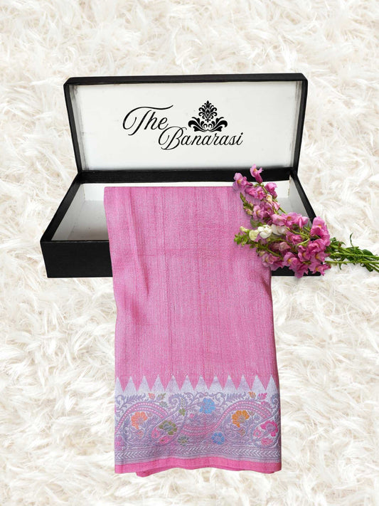 Rose Pink Pure Tussar Georgette Meenakari Design Banarasi Handloom Saree