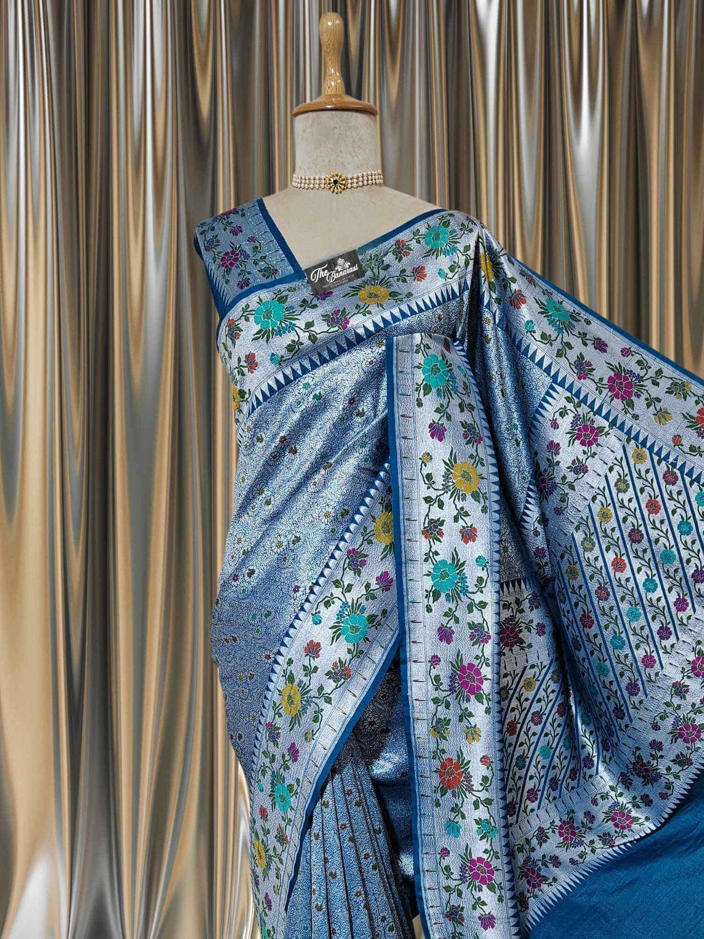 Dodge Blue Pure Tussar Georgette Meenakari Design Banarasi Handloom Saree