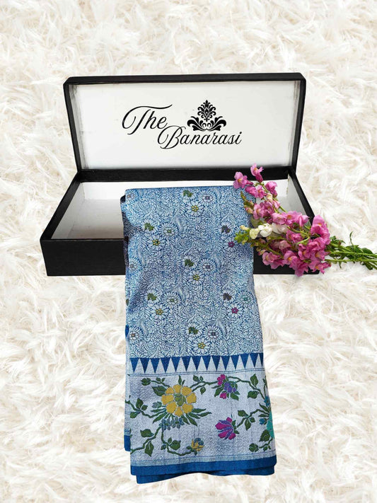 Dodge Blue Pure Tussar Georgette Meenakari Design Banarasi Handloom Saree