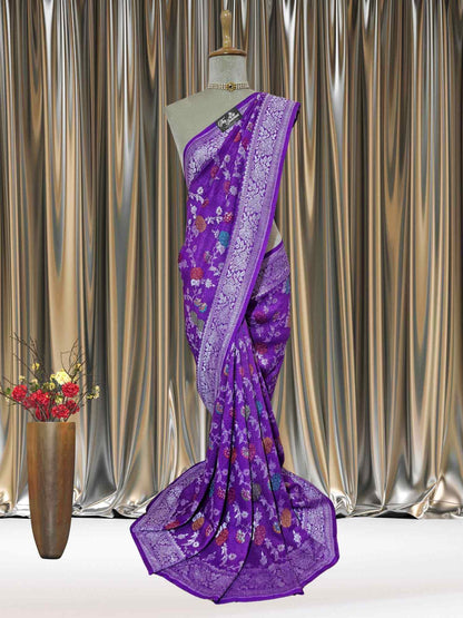Purple Pure Tussar Georgette Meenakari Design Banarasi Handloom Saree