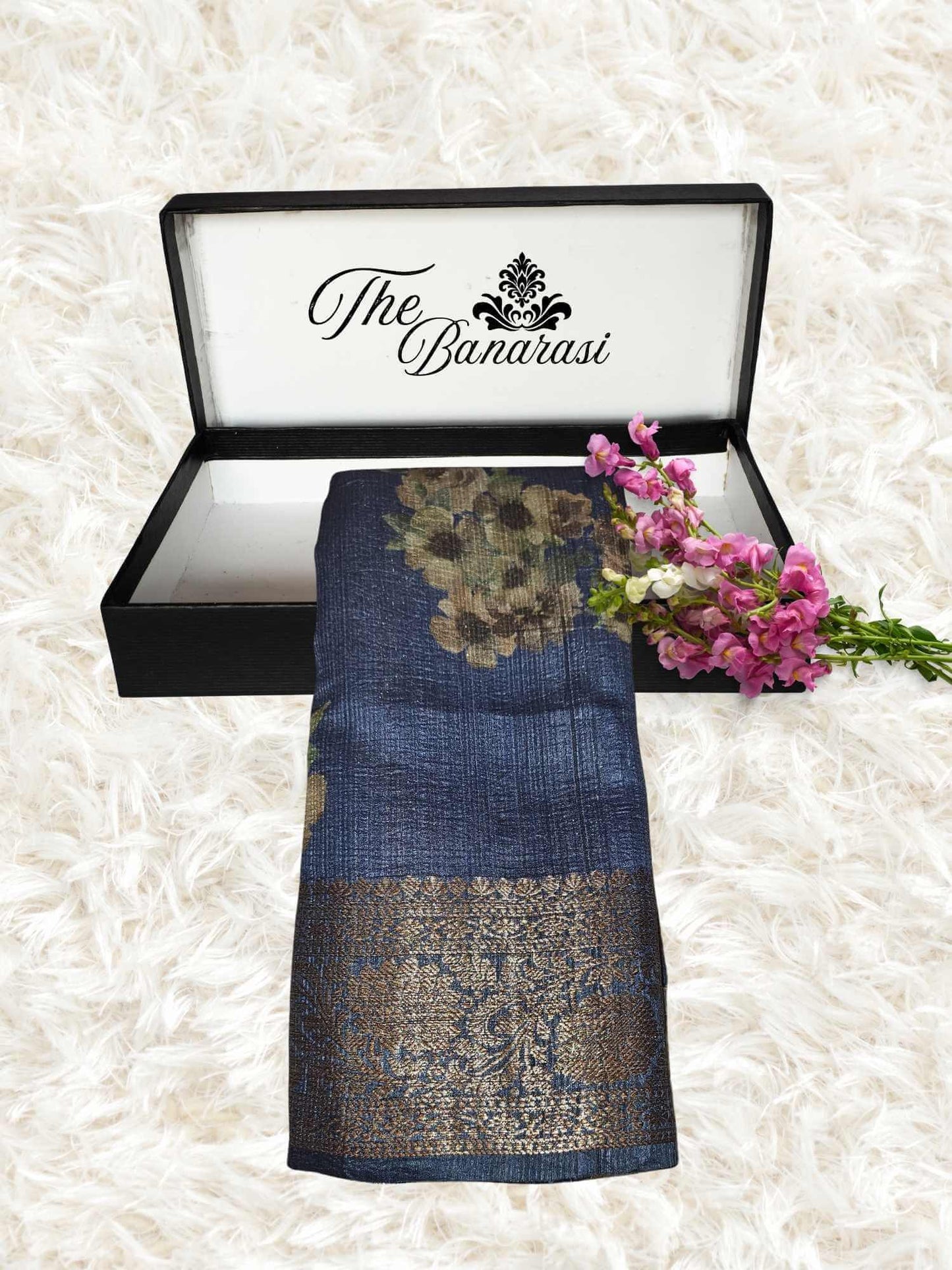 Blue Color Pure Tussar Georgette Antique Zari Print Banarasi Handloom Saree