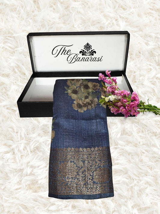 Blue Color Pure Tussar Georgette Antique Zari Print Banarasi Handloom Saree