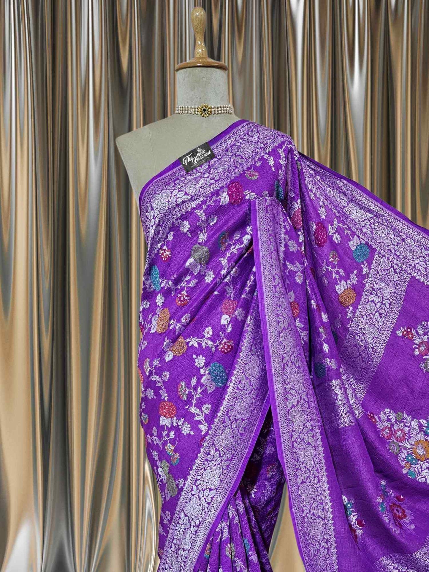 Purple Pure Tussar Georgette Meenakari Design Banarasi Handloom Saree
