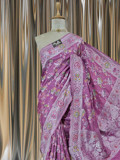 Mulberry Purple Pure Tussar Georgette Meenakari Design Banarasi Handloom Saree
