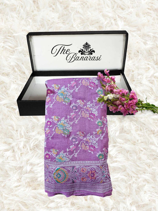 Mulberry Purple Pure Tussar Georgette Meenakari Design Banarasi Handloom Saree