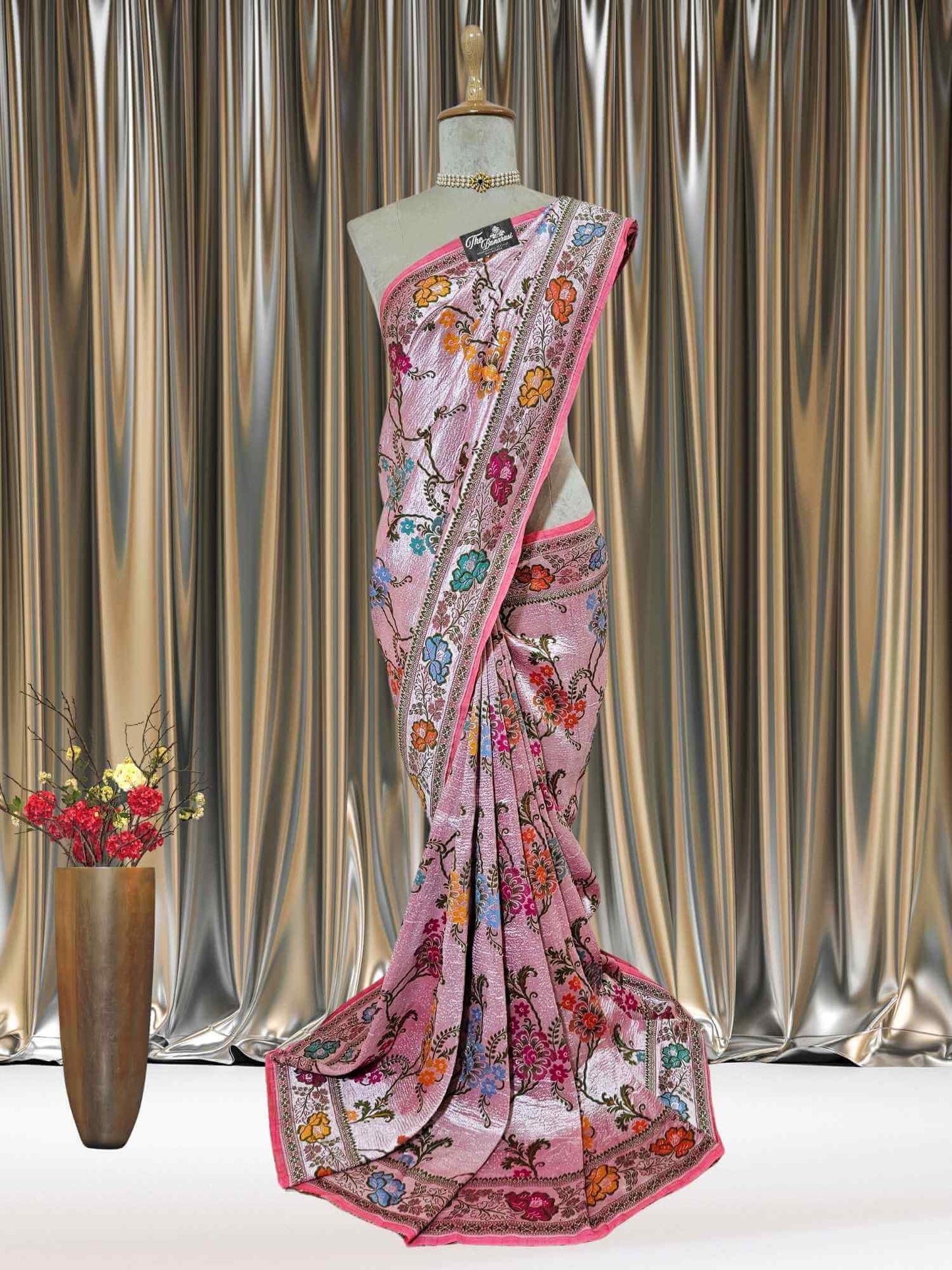 Salmon Pink Pure Tussar Georgette Meenakari Design Banarasi Handloom Saree