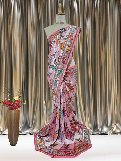 Salmon Pink Pure Tussar Georgette Meenakari Design Banarasi Handloom Saree