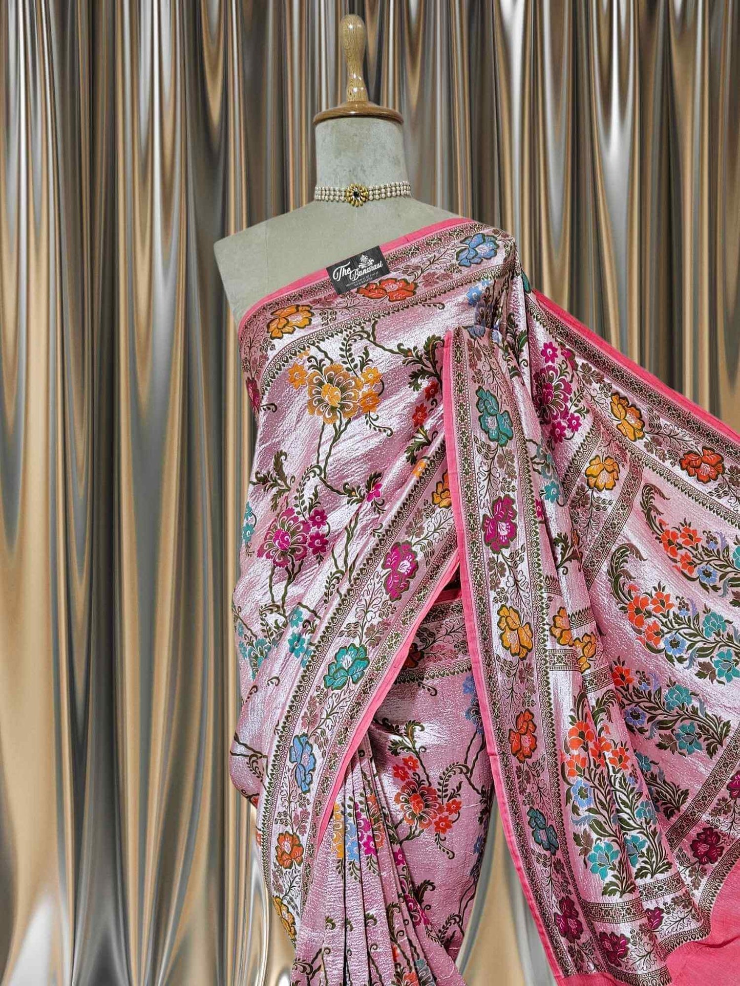Salmon Pink Pure Tussar Georgette Meenakari Design Banarasi Handloom Saree
