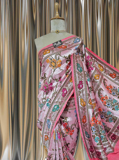 Salmon Pink Pure Tussar Georgette Meenakari Design Banarasi Handloom Saree