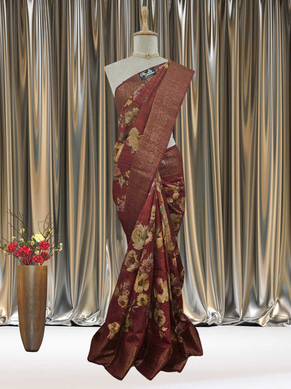 Maroon Color Pure Tussar Georgette Antique Zari Print Banarasi Handloom Saree