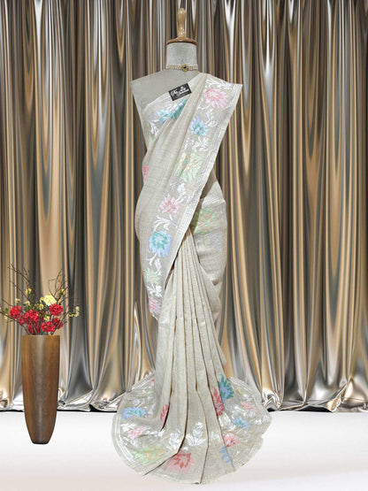 Pearl White Pure Tussar Georgette Meenakari Design Banarasi Handloom Saree
