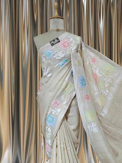 Pearl White Pure Tussar Georgette Meenakari Design Banarasi Handloom Saree