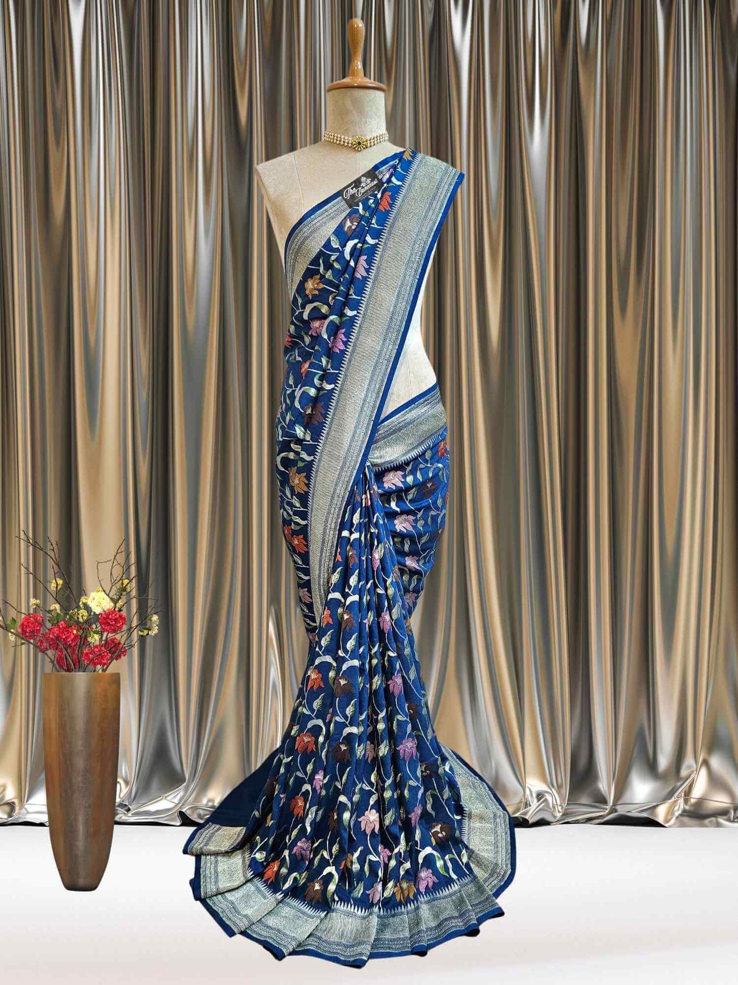 Royal Blue Pure Tussar Georgette Meenakari Design Banarasi Handloom Saree