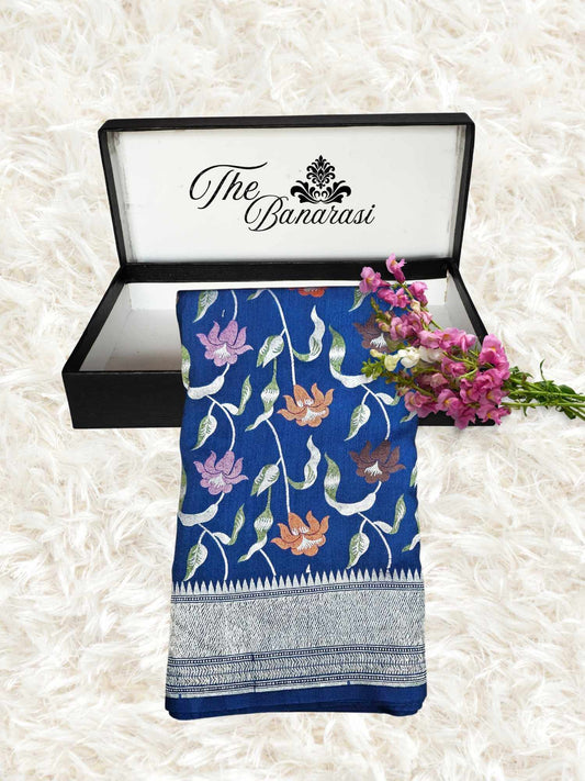 Royal Blue Pure Tussar Georgette Meenakari Design Banarasi Handloom Saree