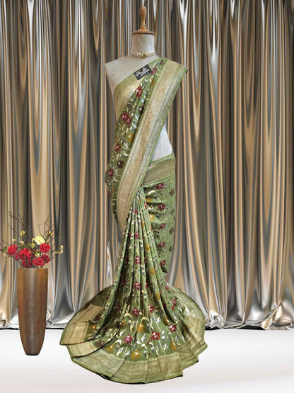 Olive Green Pure Tussar Georgette Meenakari Design Banarasi Handloom Saree