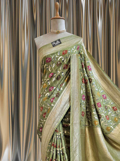 Olive Green Pure Tussar Georgette Meenakari Design Banarasi Handloom Saree