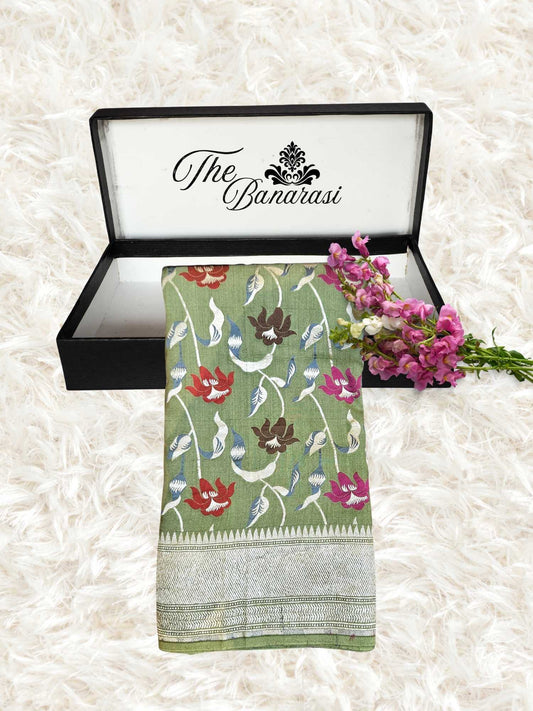 Olive Green Pure Tussar Georgette Meenakari Design Banarasi Handloom Saree