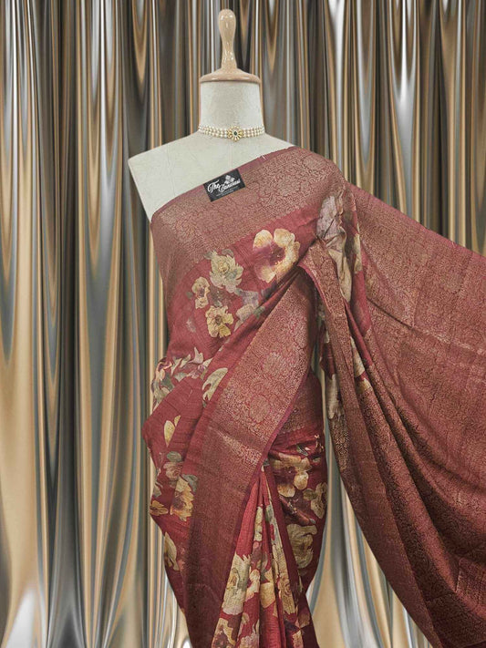 Maroon Color Pure Tussar Georgette Antique Zari Print Banarasi Handloom Saree