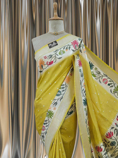 Citrine Yellow Pure Tussar Georgette Meenakari Design Banarasi Handloom Saree