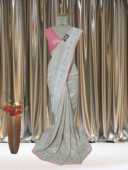 Cream Color  Pure Tussar Georgette Meenakari Design Banarasi Handloom Saree