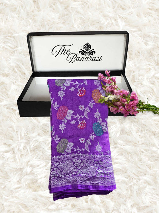 Purple Pure Tussar Georgette Meenakari Design Banarasi Handloom Saree