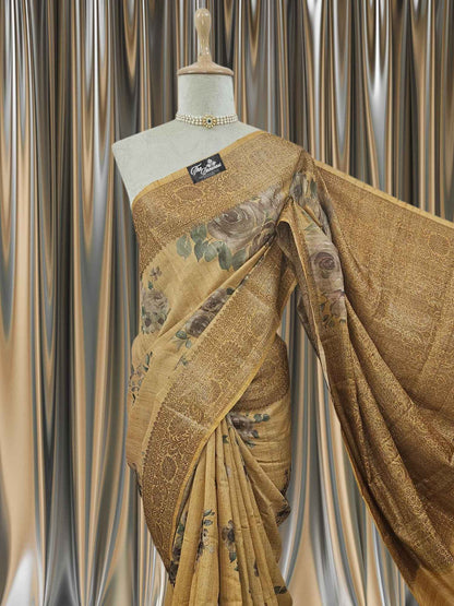 Golden Color Pure Tussar Georgette Meenakari Design Banarasi Handloom Saree
