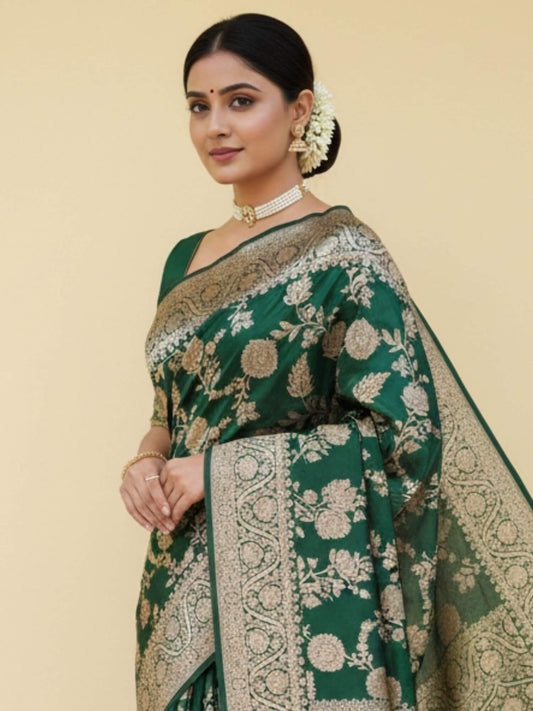 Dark Green Pure Katan Silk Water Zari Banarasi Handwoven Saree