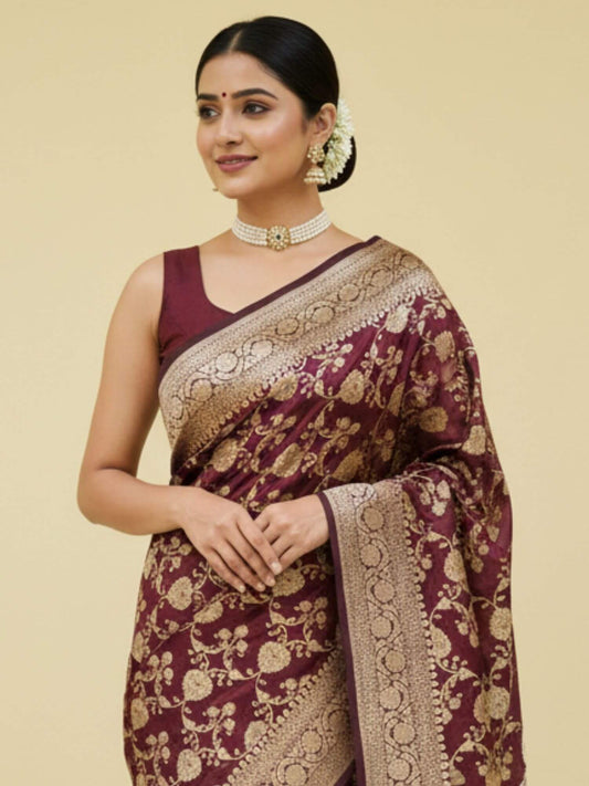 Umber Brown Pure Katan Silk Gold Zari Banarasi Handwoven Saree