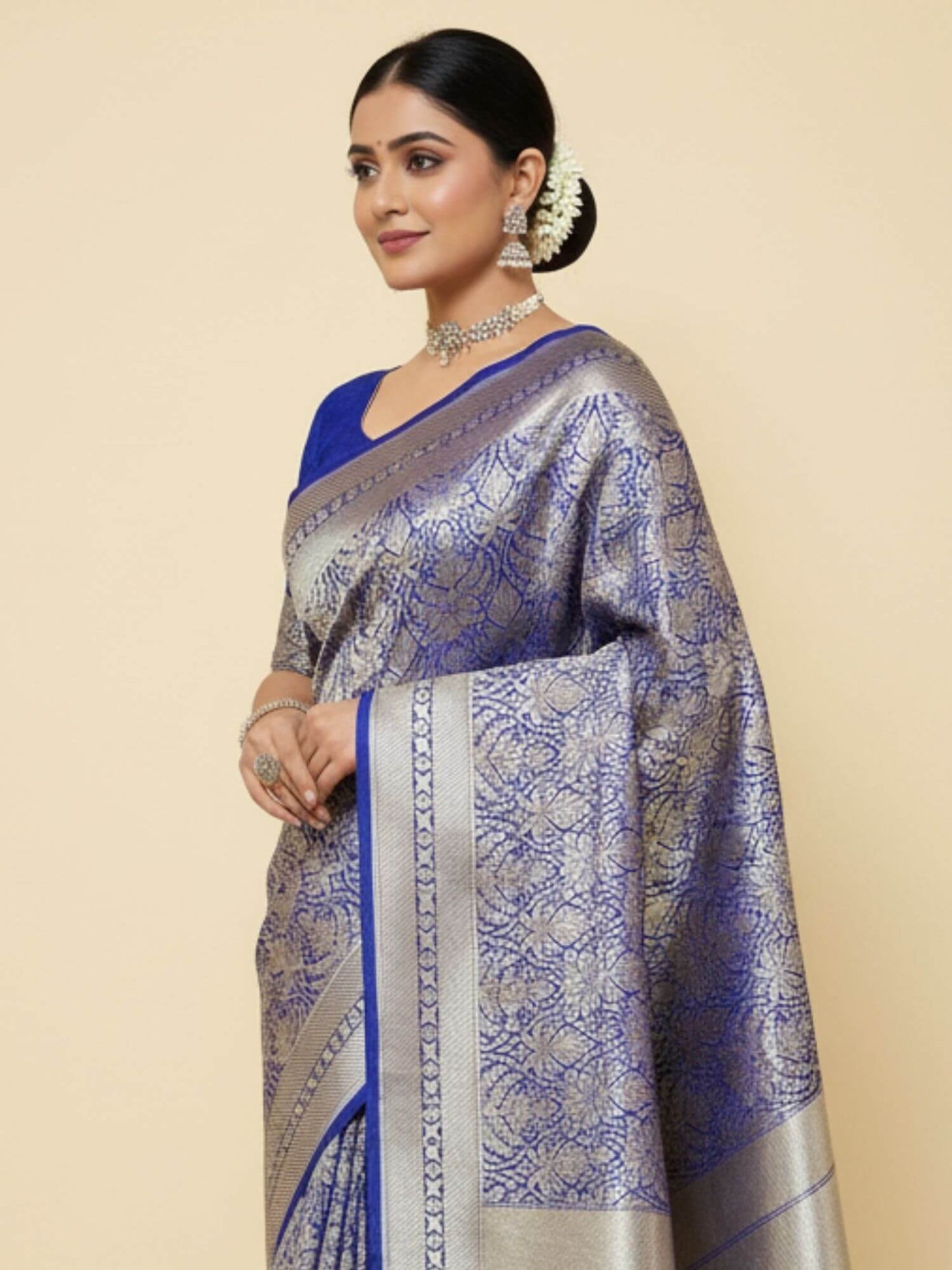Azure Blue Pure Katan Silk Tanchui Brocade Banarasi Handwoven Saree