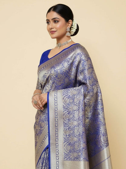 Azure Blue Pure Katan Silk Tanchui Brocade Banarasi Handwoven Saree
