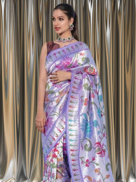 Misty Lavender Pure Tussar Georgette Paithani Design Banarasi Handloom Saree