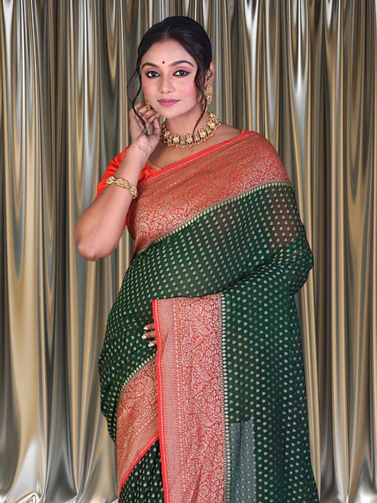 Close-up of 2D Shade Khaddi Georgette Handwoven Banarasi Saree with Antique Zari Work