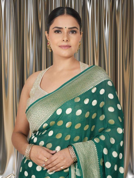 Green Color Khaddi Georgette Water Zari Banarasi Handloom Saree