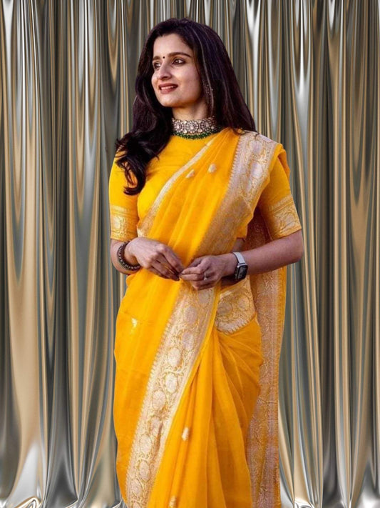 Close-up of Elegant Yellow Handcrafted Khaddi Georgette Banarasi Saree with Silver Zari Work