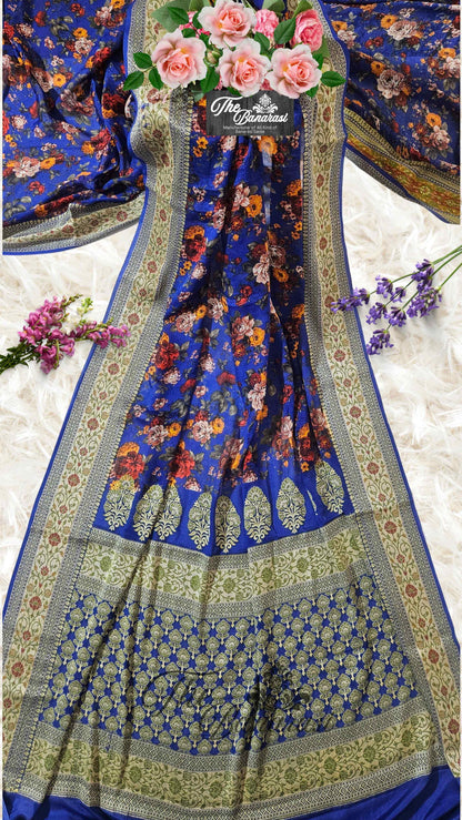 Deep Blue Pure Chiffon Printed Banarasi Handwoven Saree