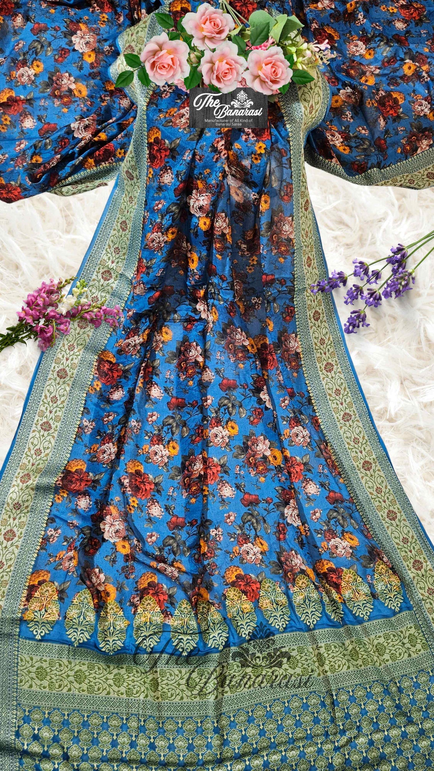 Ocean Blue Pure Chiffon Printed Banarasi Handloom Saree