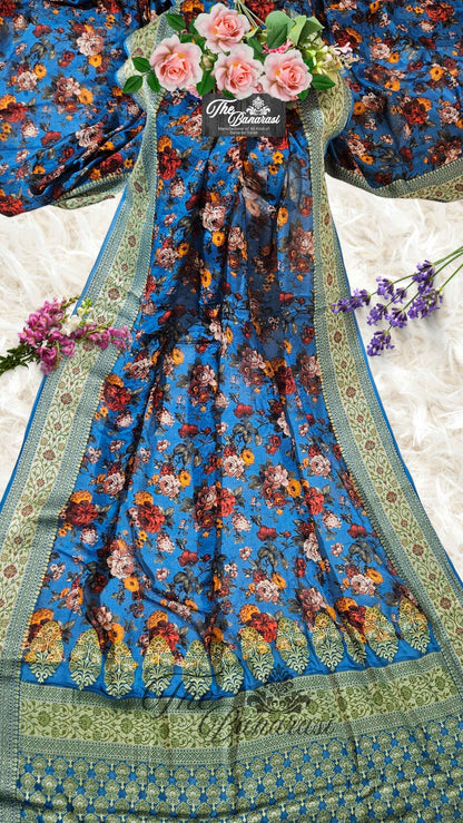 Ocean Blue Pure Chiffon Printed Banarasi Handloom Saree
