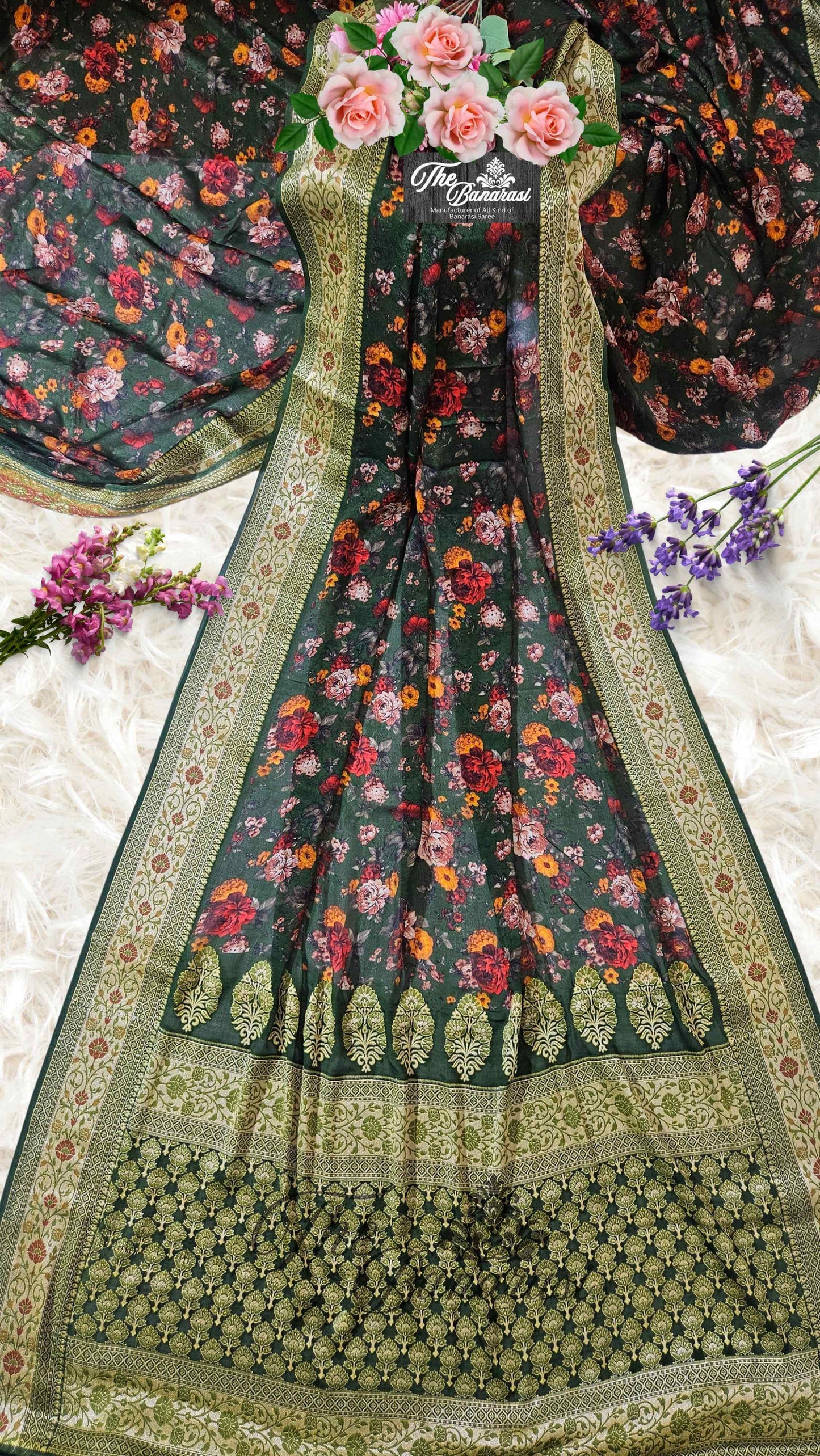 Forest Green Pure Chiffon Printed Banarasi Handloom Saree