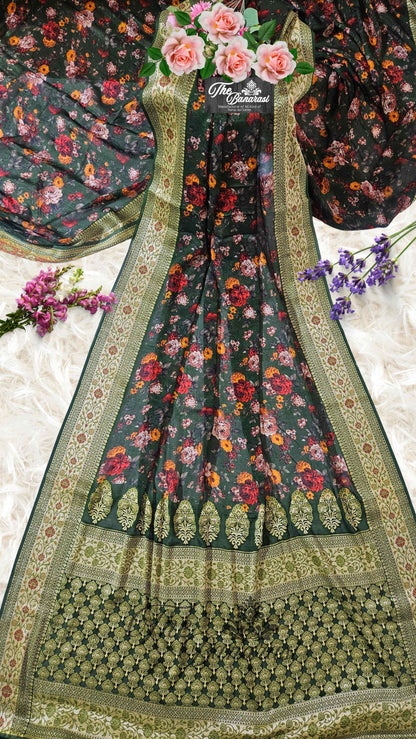 Forest Green Pure Chiffon Printed Banarasi Handloom Saree