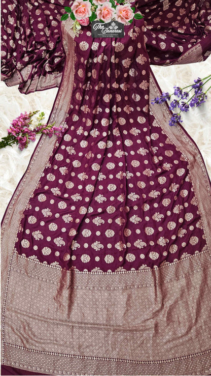 Wine Color Pure Moonga Georgette Water Zari Banarasi Handloom Saree