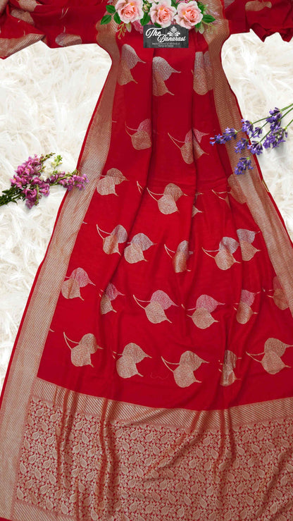 Blood Red Pure Moonga Georgette Water Zari Banarasi Handloom Saree