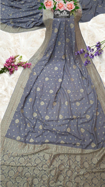 Grey Pure Moonga Georgette Water Zari Banarasi Handloom Saree