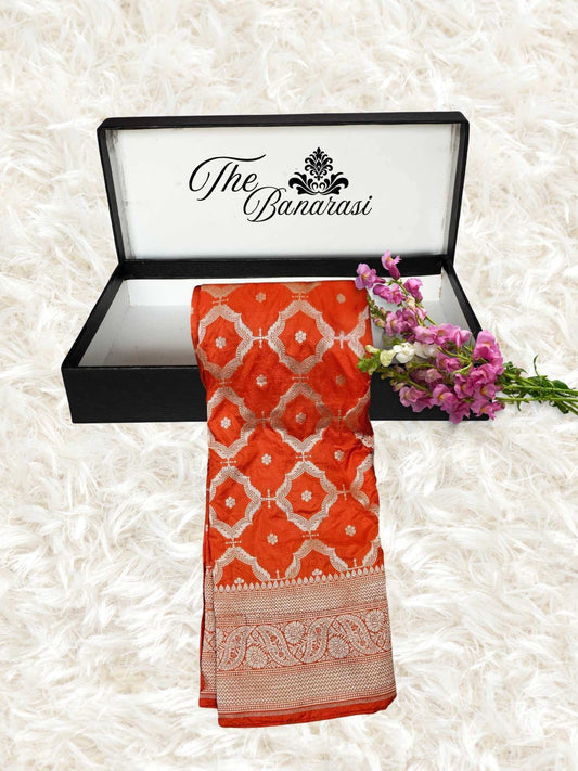 Orange Katan Silk Handwoven Banarasi Saree with Water Zari Work - Partial View