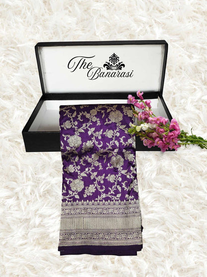 Wine Purple Katan Silk Handwoven Banarasi Saree with Water Zari Work - Partial View