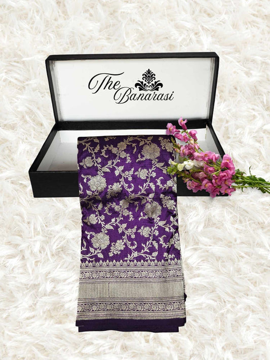 Wine Purple Katan Silk Handwoven Banarasi Saree with Water Zari Work - Partial View