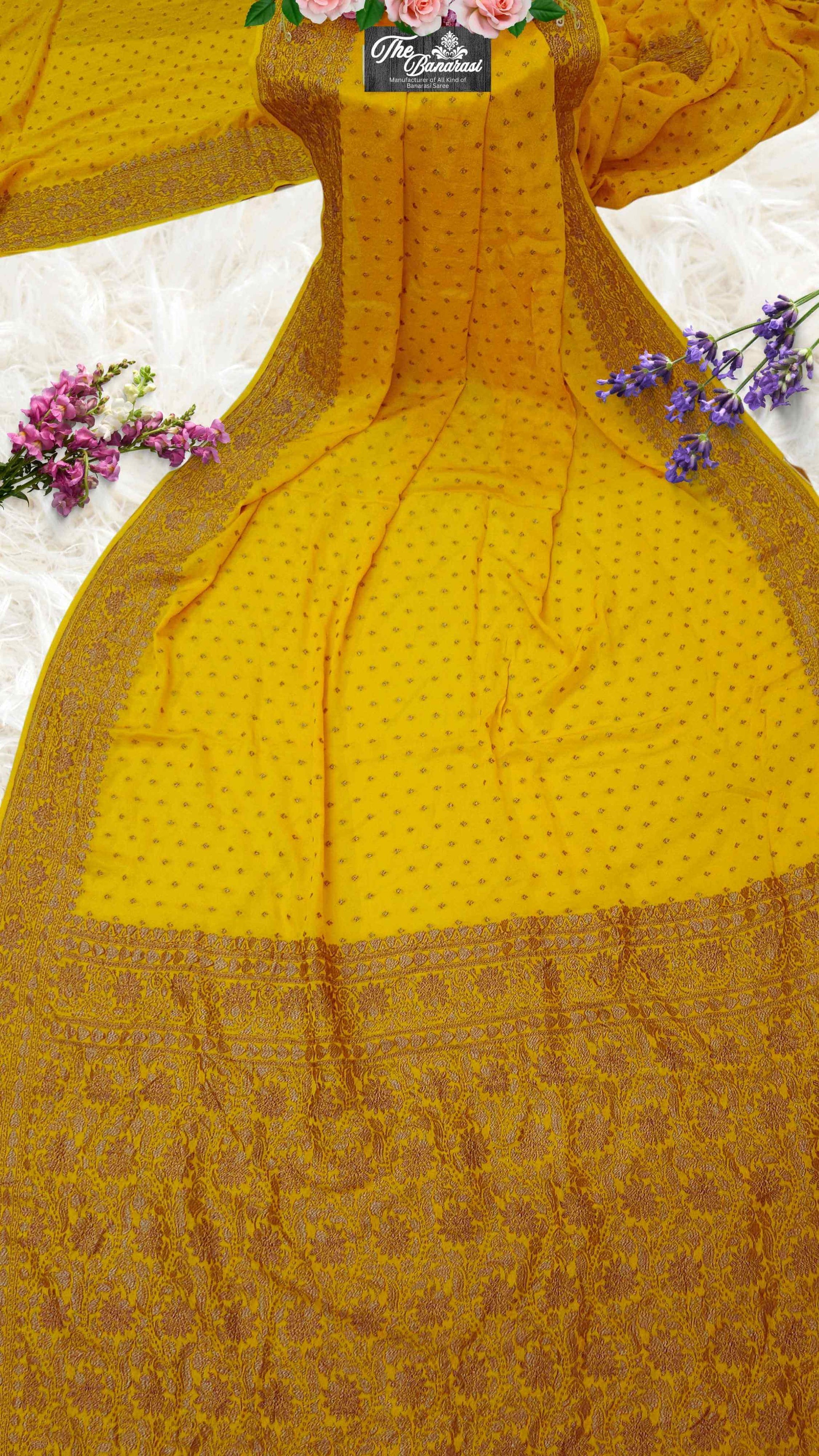Yellow Crep Georgette Handwoven Banarasi Saree with Antique Zari Work - Full View