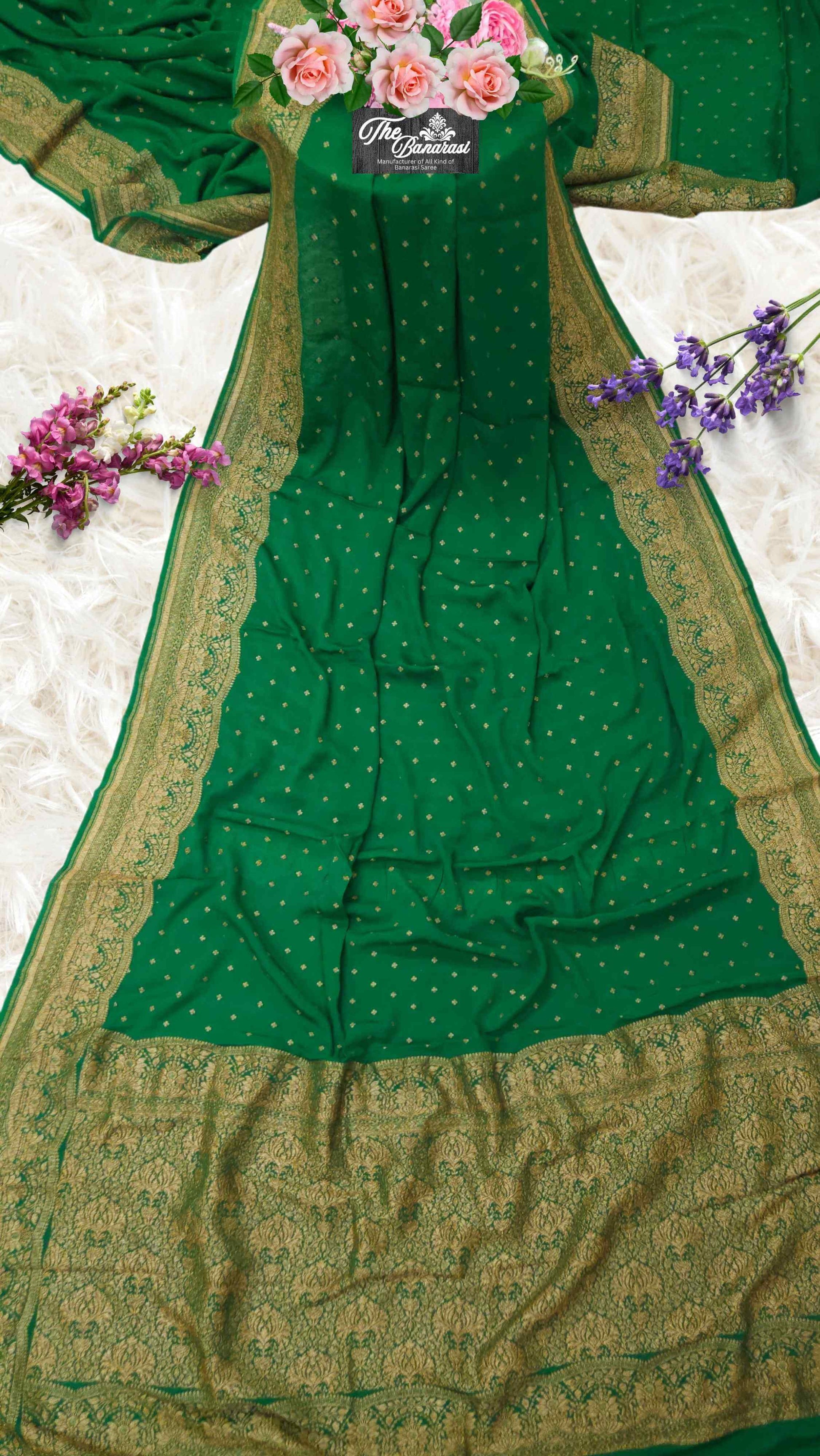 Forest Green Crep Georgette Handwoven Banarasi Saree with Antique Zari Work - Full View